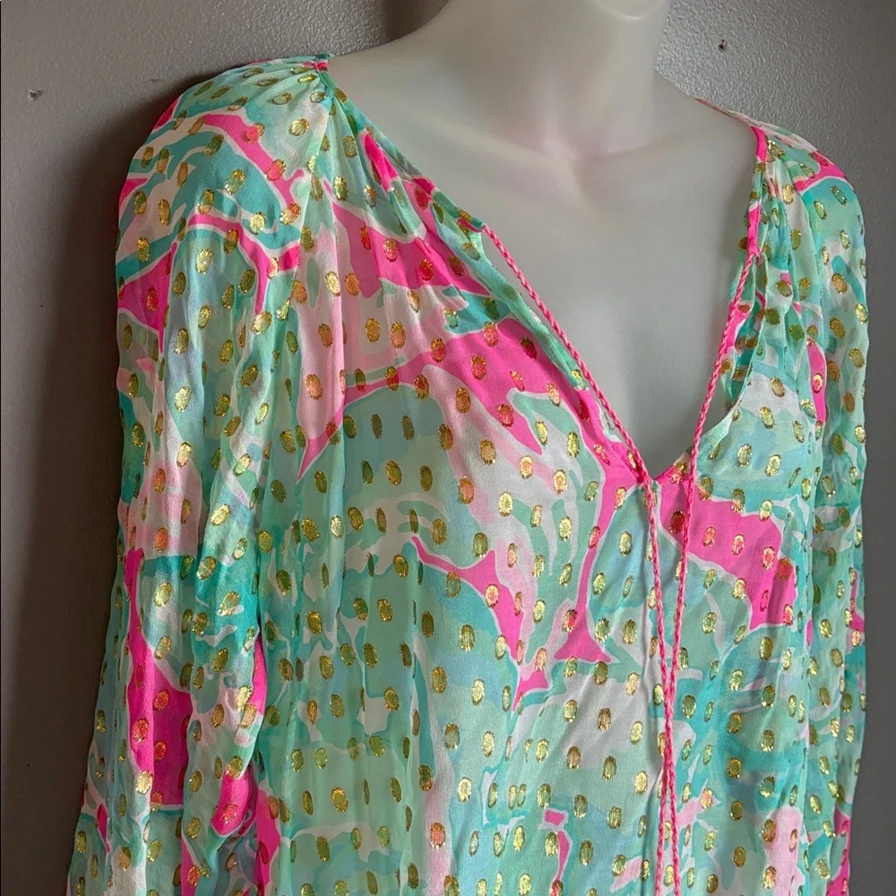 Lilly Pulitzer pink & blue silk blend blouse w/ gold details * sz MED - Picture 2 of 10